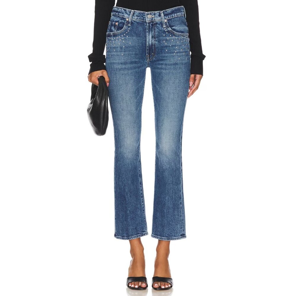 NWT Mother The Insider Flood in Metal Magic Studded Ankle Crop Bootcut Jeans 30